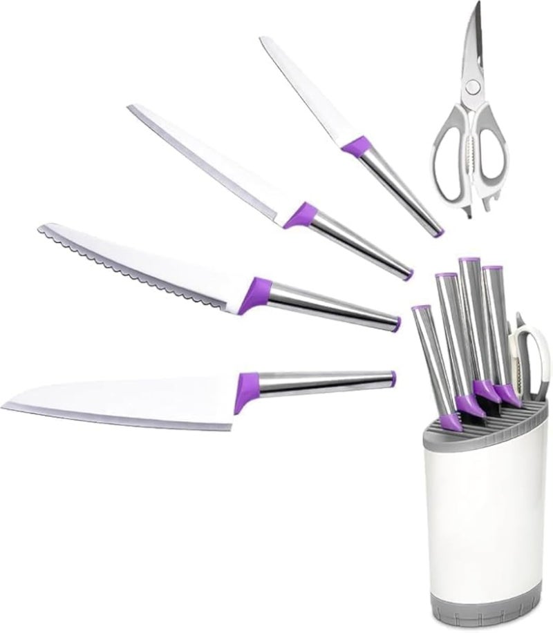 Knife Kitchen Set With Holder And Scissors 6 Piece Stainless Steel Ultra Sharp Durable Cutlery With Strong Handles And Polished Finish For Cooking And Food Preparation (Purple)